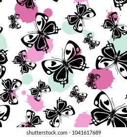 Beautiful seamless butterfly cloth pattern with pink, magenta and ice cream green blotter on white. Spring butterfly linen theme vector. Repeating insect fabric backdrop for interior textile.