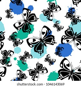 Beautiful seamless butterfly cloth pattern with blue, saturated mint and sky blue blotters on white. Spring butterfly linen theme vector. Repeating insect fabric clipart for garments.