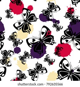 Beautiful seamless butterfly cloth template with violet, red ang pale yellow blotter on white. Season butterfly linen theme vector. Repeating insect fabric clipart for marketing.