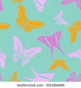 Beautiful seamless butterfly engraving background isolated on contrast back layer. Season butterfly etching theme vector. Insect silhouette backdrop for marketing purpouses.