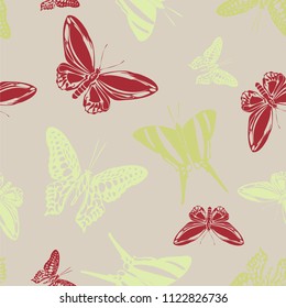 Beautiful seamless butterfly engraving background isolated on contrast back layer. Nature butterfly etching theme vector. Insect silhouette clipart for marketing purpouses.