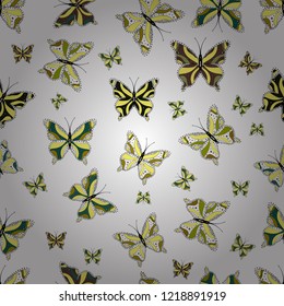 Beautiful seamless butterfly iterative texture isolated on contrast back layer. Wildlife insect fauna backdrop for cover. Vector sketch. Nature butterfly repeat theme in green, yellow and white colors