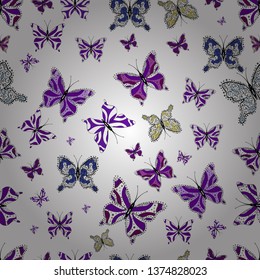 Beautiful seamless butterfly iterative texture isolated on contrast back layer. Wildlife insect fauna backdrop for cover. Nature butterfly repeat theme in white, violet and black colors. Vector design