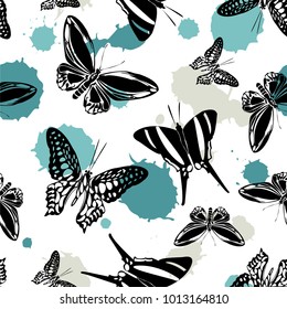 Beautiful seamless butterfly kite pattern with green blotter on white.  Wildlife butterfly hover theme vector. Repeating insect soar artwork for wrapping paper.