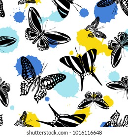 Beautiful seamless butterfly kite pattern with blue, orange blotter on white.  Season butterfly hover theme vector. Repeating insect soar clipart for ceramic tile.