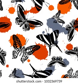Beautiful seamless butterfly kite template with grey and pumpkin orange blotters on white. Spring butterfly hover theme vector. Repeating insect soar artwork for wrapping paper.