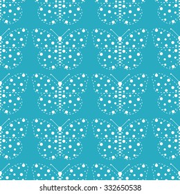 Beautiful seamless butterfly pattern blue and white colors with points and circles on the blue background. 