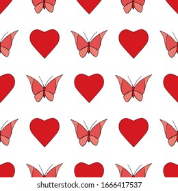 Beautiful seamless chess texture with red hearts and pink butterflies on a white background. Spring bright pattern. Hand drawing. Template in the swatch panel.