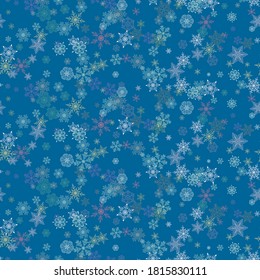 Beautiful seamless Christmas background with various complex shining colorful snowflakes on blue. Modern flat design. Holiday Wallpaper. Winter infinite background. Snowflakes seamless pattern. Vector