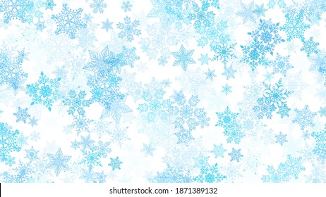  Schöner, nahtloser Weihnachtshintergrund mit verschiedenen komplexen großen und kleinen Schneeflocken auf Weiß. Modernes Flachdesign. Feiertagswallpaper. Winter unendlicher Hintergrund. Schneeflocken nahtloses Muster. Vektorgrafik