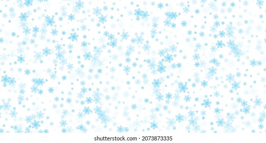 Beautiful seamless Christmas background with various complex shining blue snowflakes on white. Modern flat design. Holiday Wallpaper. Winter infinite background. Snowflakes seamless pattern. Vector