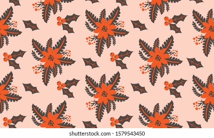 Beautiful seamless christmas floral pattern, leaf flower drawing.