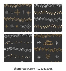 Beautiful seamless Christmas and winter patterns, drawn by hand. Many festive elements and patterns. Vector graphics and illustration.