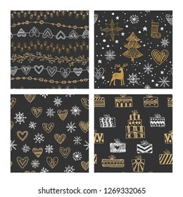 Beautiful seamless Christmas and winter patterns, drawn by hand. Many festive elements and patterns. Vector graphics and illustration.