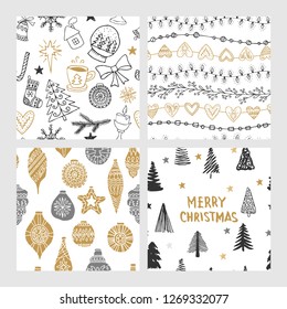 Beautiful seamless Christmas and winter patterns, drawn by hand. Many festive elements and patterns. Vector graphics and illustration.