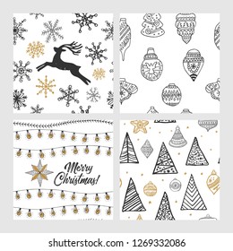 Beautiful seamless Christmas and winter patterns, drawn by hand. Many festive elements and patterns. Vector graphics and illustration.