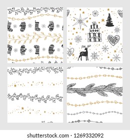 Beautiful seamless Christmas and winter patterns, drawn by hand. Many festive elements and patterns. Vector graphics and illustration.