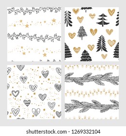 Beautiful seamless Christmas and winter patterns, drawn by hand. Many festive elements and patterns. Vector graphics and illustration.