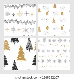 Beautiful seamless Christmas and winter patterns, drawn by hand. Many festive elements and patterns. Vector graphics and illustration.