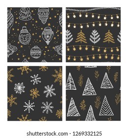 Beautiful seamless Christmas and winter patterns, drawn by hand. Many festive elements and patterns. Vector graphics and illustration.