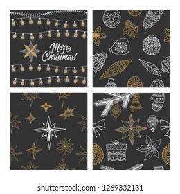 Beautiful seamless Christmas and winter patterns, drawn by hand. Many festive elements and patterns. Vector graphics and illustration.