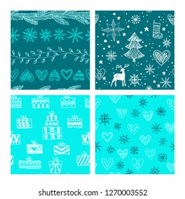Beautiful seamless Christmas and winter patterns, drawn by hand. Many festive elements and patterns. Vector graphics and illustration.