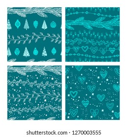 Beautiful seamless Christmas and winter patterns, drawn by hand. Many festive elements and patterns. Vector graphics and illustration.