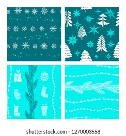 Beautiful seamless Christmas and winter patterns, drawn by hand. Many festive elements and patterns. Vector graphics and illustration.