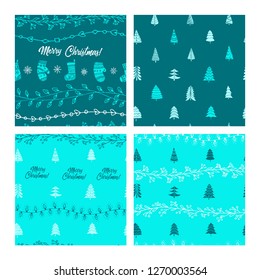 Beautiful seamless Christmas and winter patterns, drawn by hand. Many festive elements and patterns. Vector graphics and illustration.