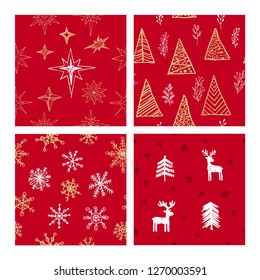 Beautiful seamless Christmas and winter patterns, drawn by hand. Many festive elements and patterns. Vector graphics and illustration.