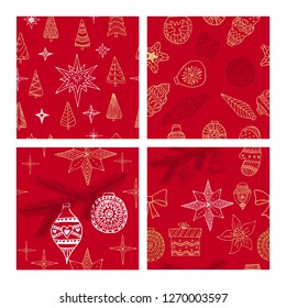Beautiful seamless Christmas and winter patterns, drawn by hand. Many festive elements and patterns. Vector graphics and illustration.
