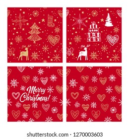 Beautiful seamless Christmas and winter patterns, drawn by hand. Many festive elements and patterns. Vector graphics and illustration.