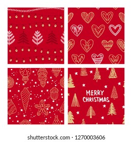 Beautiful seamless Christmas and winter patterns, drawn by hand. Many festive elements and patterns. Vector graphics and illustration.