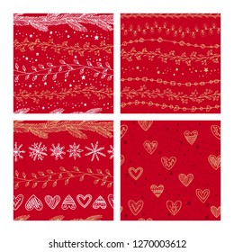 Beautiful seamless Christmas and winter patterns, drawn by hand. Many festive elements and patterns. Vector graphics and illustration.