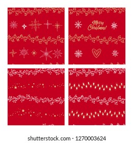 Beautiful seamless Christmas and winter patterns, drawn by hand. Many festive elements and patterns. Vector graphics and illustration.