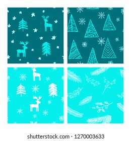 Beautiful seamless Christmas and winter patterns, drawn by hand. Many festive elements and patterns. Vector graphics and illustration.