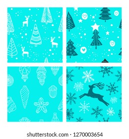 Beautiful seamless Christmas and winter patterns, drawn by hand. Many festive elements and patterns. Vector graphics and illustration.