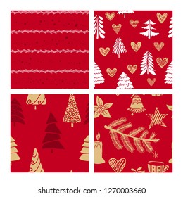 Beautiful seamless Christmas and winter patterns, drawn by hand. Many festive elements and patterns. Vector graphics and illustration.