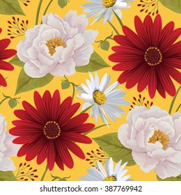 Beautiful  seamless color flower pattern with peony, gerbera and chamomile. Bright illustration, can be used as creating card, invitation card for wedding, birthday and other holiday. EPS 10