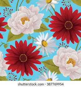 Beautiful  seamless color flower pattern with peony, gerbera and chamomile. Bright illustration, can be used as creating card, invitation card for wedding, birthday and other holiday. EPS 10