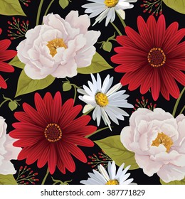 Beautiful  seamless color flower pattern with peony, gerbera and chamomile. Bright illustration, can be used as creating card, invitation card for wedding, birthday and other holiday. EPS 10 vector.