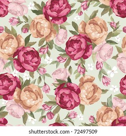 Beautiful Seamless color peony pattern on green background, vector illustration