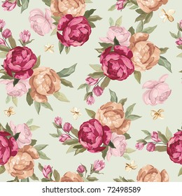 Beautiful Seamless color peony pattern on green background, vector illustration