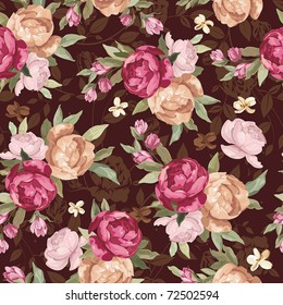 Hermoso patrón de peonía de color sin soldadura sobre fondo de chocolate, ilustración vectorial