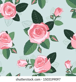 Beautiful Seamless color rose pattern on light blue background, vector illustration
