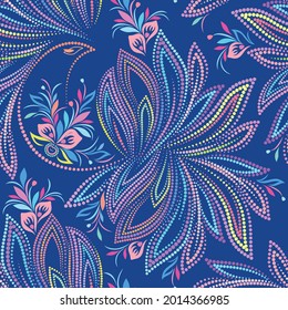 Hermoso patrón punteado de colores sin fisuras con aves mágicas. Ornamento étnico tradicional. Impresión vectorial. Se utiliza para papel tapiz, rellenos de patrones, diseño textil.