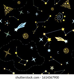 Beautiful seamless cosmic pattern with constellations, zodiacs, planets, comets on the black background. Vector endless texture for design and decoration