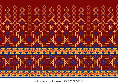 Beautiful seamless cross stitch pattern, traditional oriental geometric pattern, Aztec style. abstract ikat background red blue gold for textile print shirt