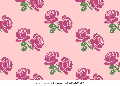 Beautiful seamless cross stitch pattern. Pink floral motif. Traditional background. Aztec style. Abstract. Vector. Illustration. Design for texture, fabric, clothing, wrapping, decoration, carpet.