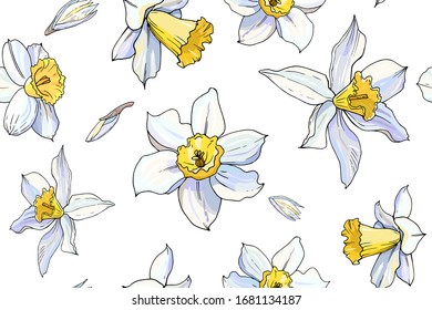 Beautiful seamless daffodil floral pattern. Hand drawn narcissus endless background. Spring easter backdrop. For greeting cards, invitations, decorations, floral prints, floristic design, wallpaper.
